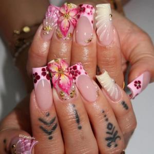 imageBABALAL Coffin Press on Nails Long Fake Nails White French Tip Glue on Nails 3D Flower Butterfly Rhinestone Design Glossy Acrylic Nails 24Pcs Ballerina Stick on Nails for Women and GirlsBBFNH16flower