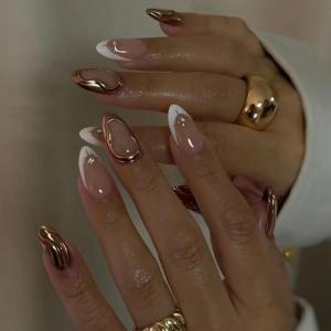 imageBABALAL Press on Nails Almond Medium Fake Nails White French Tip Glue on Nails 3D Ripple Design Gold Chrome Acrylic Nails 24Pcs Manicure Handmade False Nails Stiletto Stick on Nails