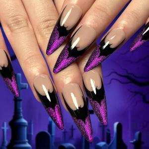 imageBABALAL Short Oval Press on Nails Black Bling Fake Nails Spider Web Glue on 24Pcs Round Goth Stick on Halloween False Nails Press onANHA203