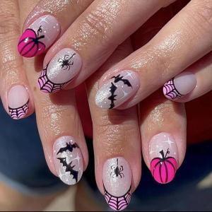 imageBABALAL Short Oval Press on Nails Black Bling Fake Nails Spider Web Glue on 24Pcs Round Goth Stick on Halloween False Nails Press onANHA204