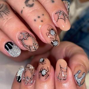 imageBABALAL Short Oval Press on Nails Black Bling Fake Nails Spider Web Glue on 24Pcs Round Goth Stick on Halloween False Nails Press onANHA206
