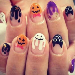 imageBABALAL Acrylic Press on Nails Short Round Fake Nails Halloween Glue ons Scary Pumpkin Ghost Design Cute Black Cat 24Pcs Oval False Nails