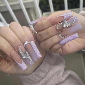 imageBABALAL Coffin Press on Nails Purple French Glue on Nails Butterfly Rhinestone Acrylic Nails Ballerina 24PCS False Nails for Women and Girls