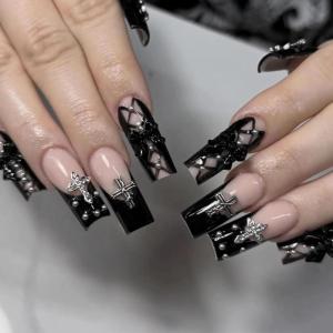 imageBABALAL Halloween Press on Nails Long Coffin Fake Nail Black Glue ons Green French Tip Ghost Design Acrylic False Nails Ballerina 24Pcs Manicure Full Cover ArtificialFNP19gothic