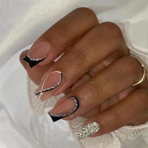 imageBABALAL Press on Nails Long Square Fake Nails Black French Tip Glue ons with Bow Charm Rhinestone Shiny Supplies 24Pcs Manicure Full Cover Acrylic False NailsO103