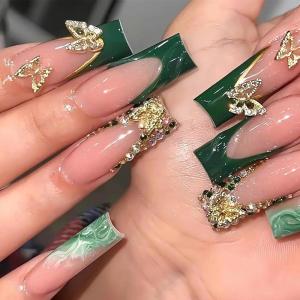 imageBABALAL Press on Nails Long Square Fake Nails Black French Tip Glue ons with Bow Charm Rhinestone Shiny Supplies 24Pcs Manicure Full Cover Acrylic False NailsO05green