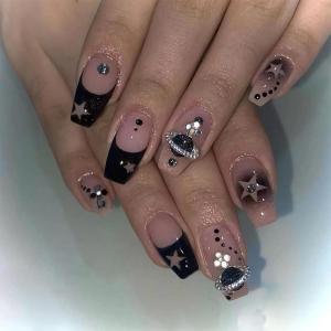 imageBABALAL Press on Nails Long Square Fake Nails Black French Tip Glue ons with Bow Charm Rhinestone Shiny Supplies 24Pcs Manicure Full Cover Acrylic False NailsO051