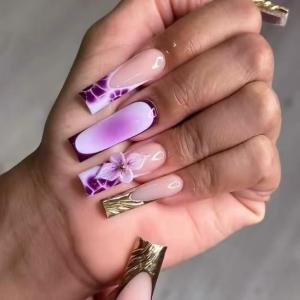imageBABALAL Press on Nails Long Square Fake Nails Black French Tip Glue ons with Bow Charm Rhinestone Shiny Supplies 24Pcs Manicure Full Cover Acrylic False NailsO05purple