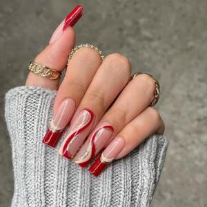imageBABALAL Press on Nails Long Square Fake Nails Black French Tip Glue ons with Bow Charm Rhinestone Shiny Supplies 24Pcs Manicure Full Cover Acrylic False NailsRed Swirl
