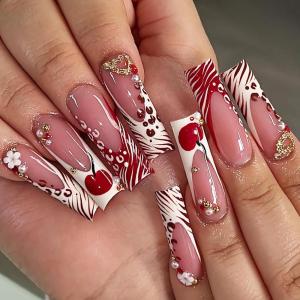 imageBABALAL Press on Nails Long Square Fake Nails Black French Tip Glue ons with Bow Charm Rhinestone Shiny Supplies 24Pcs Manicure Full Cover Acrylic False NailsO105