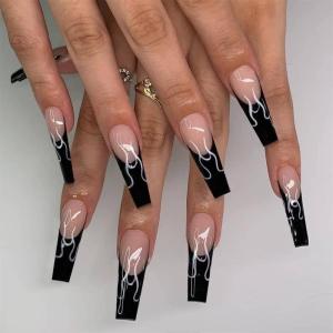 imageBABALAL Press on Nails Long Square Fake Nails Black French Tip Glue ons with Bow Charm Rhinestone Shiny Supplies 24Pcs Manicure Full Cover Acrylic False NailsO05