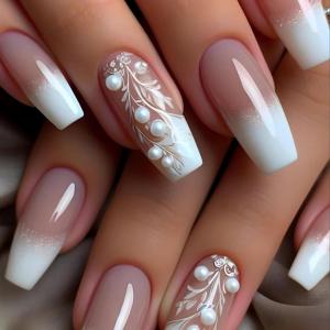 imageBABALAL Press on Nails Long Square Fake Nails Black French Tip Glue ons with Bow Charm Rhinestone Shiny Supplies 24Pcs Manicure Full Cover Acrylic False NailsO063white