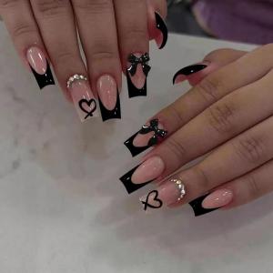 imageBABALAL Press on Nails Long Square Fake Nails Black French Tip Glue ons with Bow Charm Rhinestone Shiny Supplies 24Pcs Manicure Full Cover Acrylic False NailsO04black