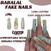 imageBABALAL Press on Nails Long Square Fake Nails Black Gold Goth Glue on Cross Charm Luxury Design 3D Handmade French Tip Acrylic 24Pcs Glossy Manicure Full Cover Stick on Nailsfneb117green
