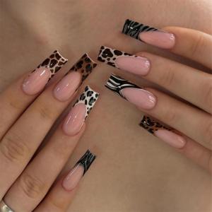 imageBABALAL Curved Press on Nails Extra Long Square Fake Nails Blue Glue on Full Cover Cheetah Leopard Flower 3d Handmade Acrylic Women Reusable Stick on 20PCS Custom DIY with CharmANF01animal