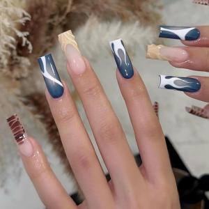 imageBABALAL Curved Press on Nails Extra Long Square Fake Nails Blue Glue on Full Cover Cheetah Leopard Flower 3d Handmade Acrylic Women Reusable Stick on 20PCS Custom DIY with CharmANF10