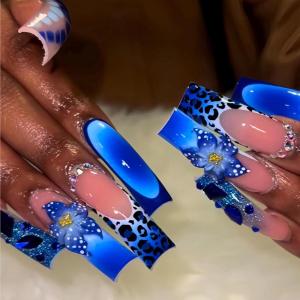imageBABALAL Curved Press on Nails Extra Long Square Fake Nails Blue Glue on Full Cover Cheetah Leopard Flower 3d Handmade Acrylic Women Reusable Stick on 20PCS Custom DIY with CharmANF02bluecurve