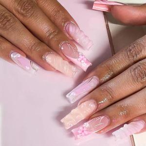 imageBABALAL Curved Press on Nails Extra Long Square Fake Nails Blue Glue on Full Cover Cheetah Leopard Flower 3d Handmade Acrylic Women Reusable Stick on 20PCS Custom DIY with CharmANF12