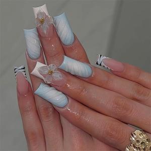 imageBABALAL Curved Press on Nails Extra Long Square Fake Nails Blue Glue on Full Cover Cheetah Leopard Flower 3d Handmade Acrylic Women Reusable Stick on 20PCS Custom DIY with CharmANF03blue