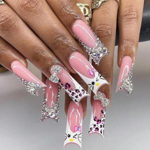 imageBABALAL Curved Press on Nails Extra Long Square Fake Nails Blue Glue on Full Cover Cheetah Leopard Flower 3d Handmade Acrylic Women Reusable Stick on 20PCS Custom DIY with CharmANF00