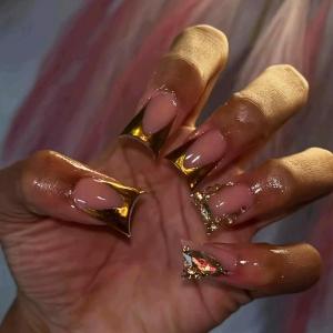 imageBABALAL Curved Press on Nails Extra Long Square Fake Nails Blue Glue on Full Cover Cheetah Leopard Flower 3d Handmade Acrylic Women Reusable Stick on 20PCS Custom DIY with CharmANF01gold