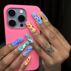 imageBABALAL Curved Press on Nails Extra Long Square Fake Nails Blue Glue on Full Cover Cheetah Leopard Flower 3d Handmade Acrylic Women Reusable Stick on 20PCS Custom DIY with CharmANF08colorful