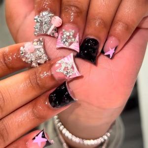 imageBABALAL Curved Press on Nails Extra Long Square Fake Nails Blue Glue on Full Cover Cheetah Leopard Flower 3d Handmade Acrylic Women Reusable Stick on 20PCS Custom DIY with CharmANF02bpcandy