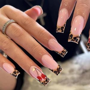 imageBABALAL Curved Press on Nails Extra Long Square Fake Nails Blue Glue on Full Cover Cheetah Leopard Flower 3d Handmade Acrylic Women Reusable Stick on 20PCS Custom DIY with CharmANF14
