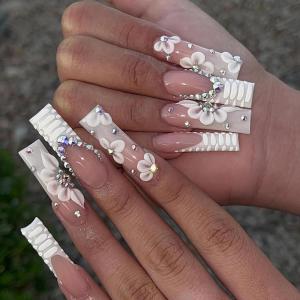 imageBABALAL Press on Nails Long Square Fake Nails Black Gold Goth Glue on Cross Charm Luxury Design 3D Handmade French Tip Acrylic 24Pcs Glossy Manicure Full Cover Stick on NailsFloral