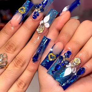 imageBABALAL Press on Nails Long Square Fake Nails Black Gold Goth Glue on Cross Charm Luxury Design 3D Handmade French Tip Acrylic 24Pcs Glossy Manicure Full Cover Stick on Nailsfneb104
