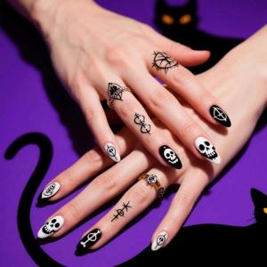 imageBABALAL Press on Nails Medium Almond Fake Nails Spider Web Gothic Glue on Brown Orange Fall Acrylic Halloween Design 24Pcs Glossy Full Cover False NailsBNS11