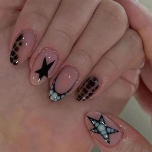 imageBABALAL Press on Nails Medium Almond Fake Nails Spider Web Gothic Glue on Brown Orange Fall Acrylic Halloween Design 24Pcs Glossy Full Cover False NailsBNS10