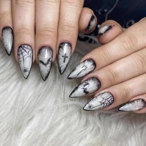imageBABALAL Press on Nails Medium Almond Fake Nails Spider Web Gothic Glue on Brown Orange Fall Acrylic Halloween Design 24Pcs Glossy Full Cover False NailsBNS07