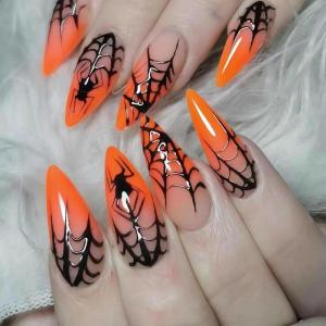 imageBABALAL Press on Nails Medium Almond Fake Nails Spider Web Gothic Glue on Brown Orange Fall Acrylic Halloween Design 24Pcs Glossy Full Cover False NailsBNS12spider