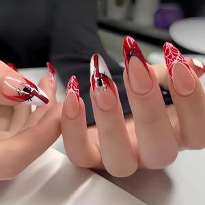 imageBABALAL Press on Nails Medium Almond Fake Nails Spider Web Gothic Glue on Brown Orange Fall Acrylic Halloween Design 24Pcs Glossy Full Cover False NailsBNS14