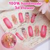 imageBABALAL Pink Press on Nails French Tip Fake Nails  Long Square Ombre Zebra Print French Tip with Charm 3D Flower Handmade 24Pcs Glossy Full Cover Acrylic False NailsCRJL02pinkflo
