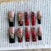 imageBABALAL Press On Fake Nails  Long Square Black Red French Tip with Gold Charm Luxury Bow Flower Trendy Acrylic False Nails with GlueFNP07br