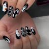 imageBABALAL Long Press on Nails Square Fake Nails Black White Gothic Glue ons Polka Dot Design Ghost Horror Halloween Pumpkin Bow Charm Trendy 24Pcs Glossy Acrylic False NailsANHA201ghost