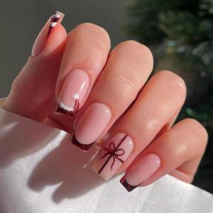 imageBABALA Christmas Press on False Nails Short Square 24Pcs Festive Red Gift Santa Hat Fake Nails Reusable French Tip Glueon Acrylic for Women Holiday Party Cute Xmas Artificial Nails Set