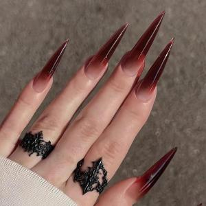 imageBABALAL Coffin Press On Nails Long Fake Nails Brown Fall Flower Acrylic Glossy 24Pcs Reusable Full Cover False NailsFNT00red
