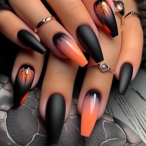 imageBABALAL Coffin Press On Nails Long Fake Nails Brown Fall Flower Acrylic Glossy 24Pcs Reusable Full Cover False NailsFNT01black