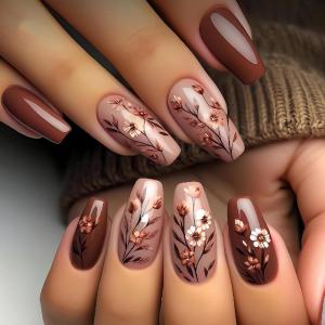 imageBABALAL Coffin Press On Nails Long Fake Nails Brown Fall Flower Acrylic Glossy 24Pcs Reusable Full Cover False NailsFNT01brown