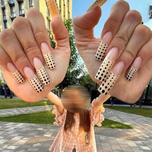 imageBABALAL Coffin Press On Nails Long Fake Nails Brown Fall Flower Acrylic Glossy 24Pcs Reusable Full Cover False NailsFNT01polkadot