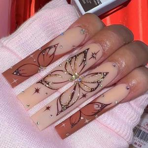 imageBABALAL Coffin Press On Nails Long Fake Nails Brown Fall Flower Acrylic Glossy 24Pcs Reusable Full Cover False NailsFNT04brown