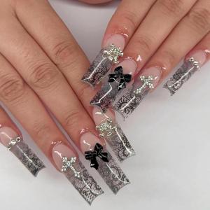 imageBABALAL Duck Nails Press on Short Fake Nails Black Pink Glue on Star Charm Y2k Stick on Acrylic 24Pcs Duck Bill Gothic Manicure Reusable Artificial Full Cover False NailFNDU301