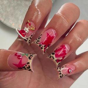 imageBABALAL Duck Nails Press on Short Fake Nails Black Pink Glue on Star Charm Y2k Stick on Acrylic 24Pcs Duck Bill Gothic Manicure Reusable Artificial Full Cover False NailFNDU307cheetah