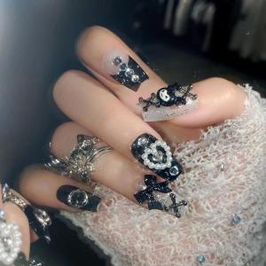 imageBABALAL Duck Nails Press on Short Fake Nails Black Pink Glue on Star Charm Y2k Stick on Acrylic 24Pcs Duck Bill Gothic Manicure Reusable Artificial Full Cover False NailFNDU303ku