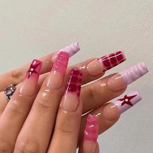imageBABALAL Duck Nails Press on Short Fake Nails Black Pink Glue on Star Charm Y2k Stick on Acrylic 24Pcs Duck Bill Gothic Manicure Reusable Artificial Full Cover False NailFNDU304