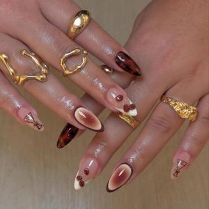 imageBABALAL Gothic Press on Nails Black Red Fake Nails  Almond Medium Acrylic 24Pcs Glossy Manicure Full Cover False NailsFNZ11brown