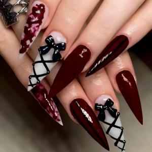 imageBABALAL Long Press on Nails Square Fake Nails Black White Gothic Glue ons Polka Dot Design Ghost Horror Halloween Pumpkin Bow Charm Trendy 24Pcs Glossy Acrylic False NailsANHA201bloody